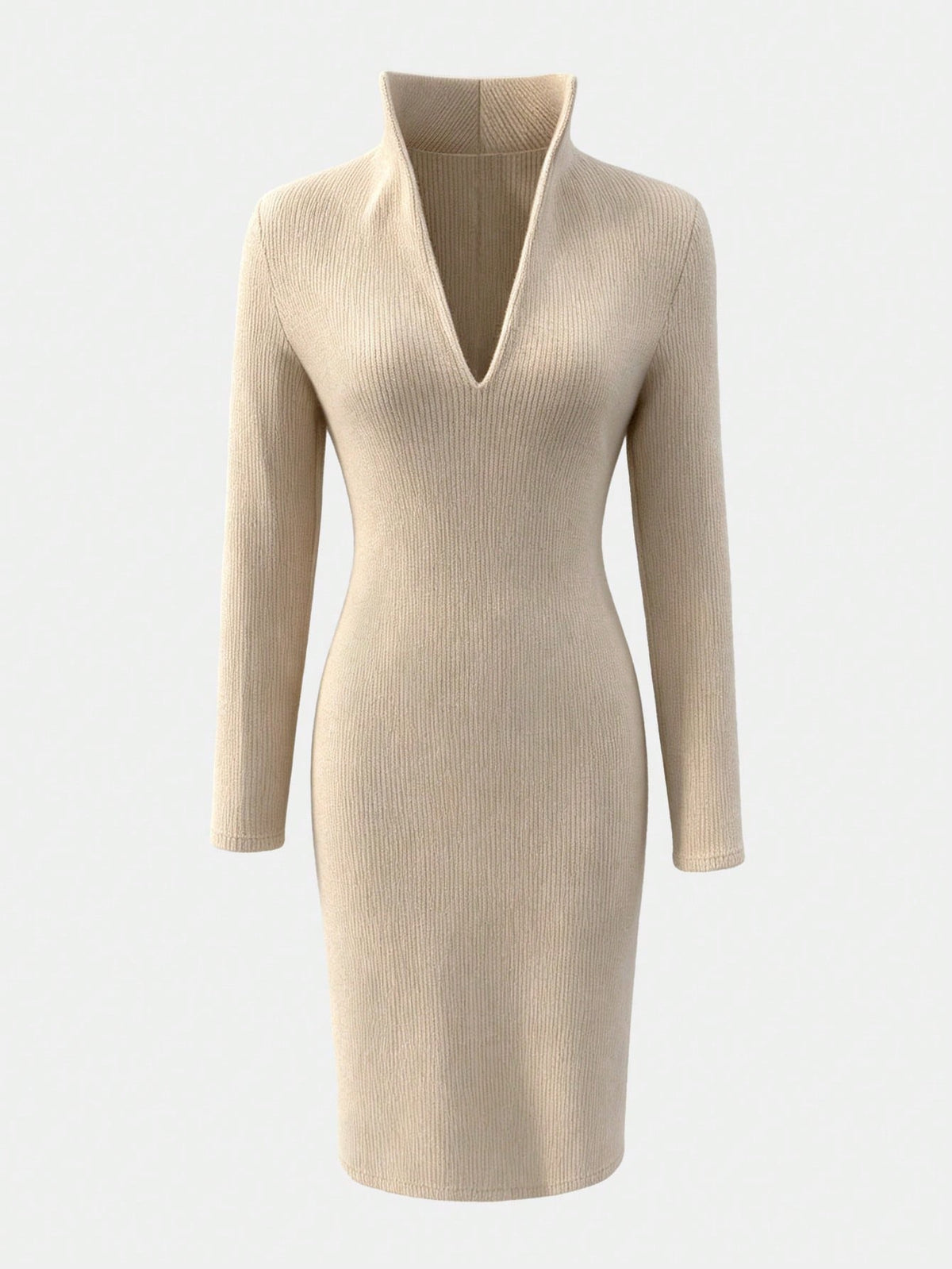 2026 New Turn Collar Knit Sweater Dress V-Neck Ribbed Mid-Length Bodycon Dress Elegant Pullover Dress Winter Dress Casual Western Style Autumn/Winter Outfit Date Commute High Elastic Fabric Slimming Fit Old Money Quiet Luxury Office Commute Business Casua