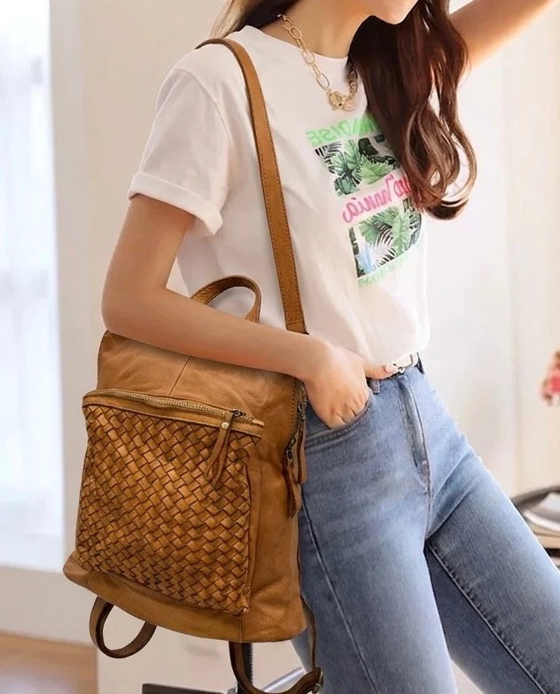Front-panel leather backpack with twin zip compartments wholesale