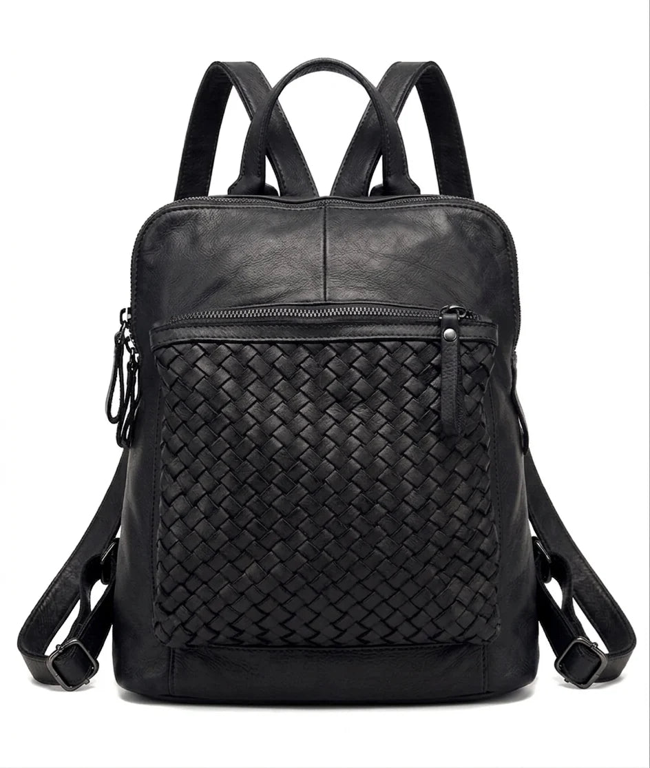 Front-panel leather backpack with twin zip compartments wholesale