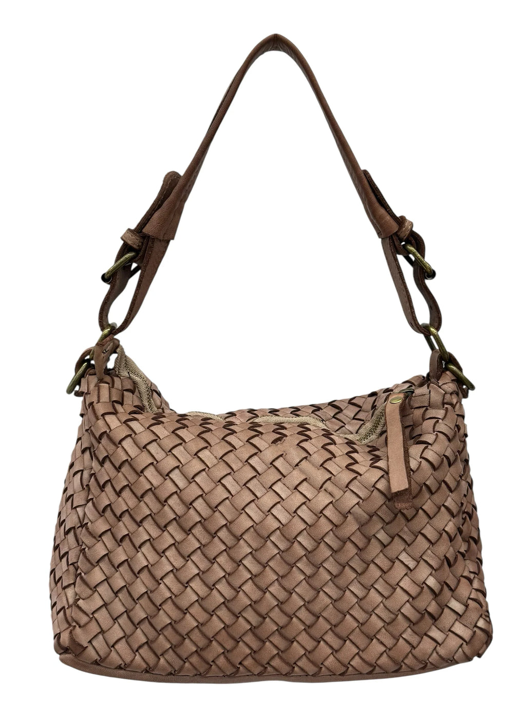 Interwoven leather shoulder bag with articulated ring strap