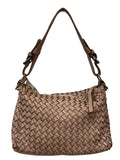 Interwoven leather shoulder bag with articulated ring strap