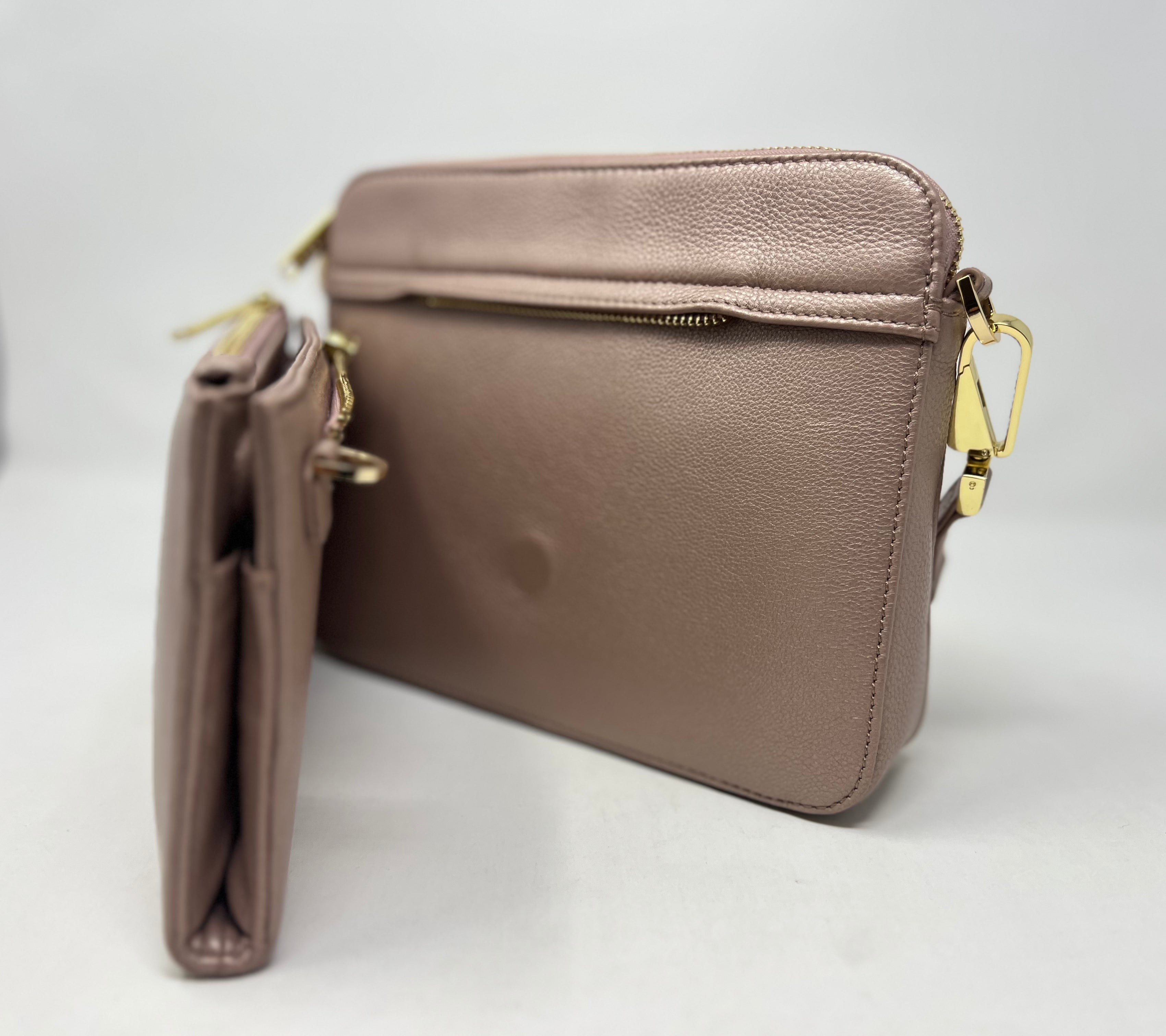 Petit Sac bandoulière avec porte-carte détachable rose platine | Kennedi