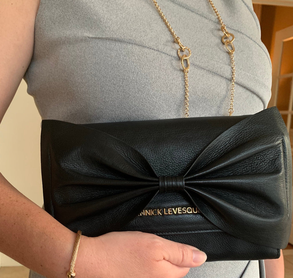 Sac à main en cuir véritable noir avec noeud papillon | Scarlett - PRÉCOMMANDE