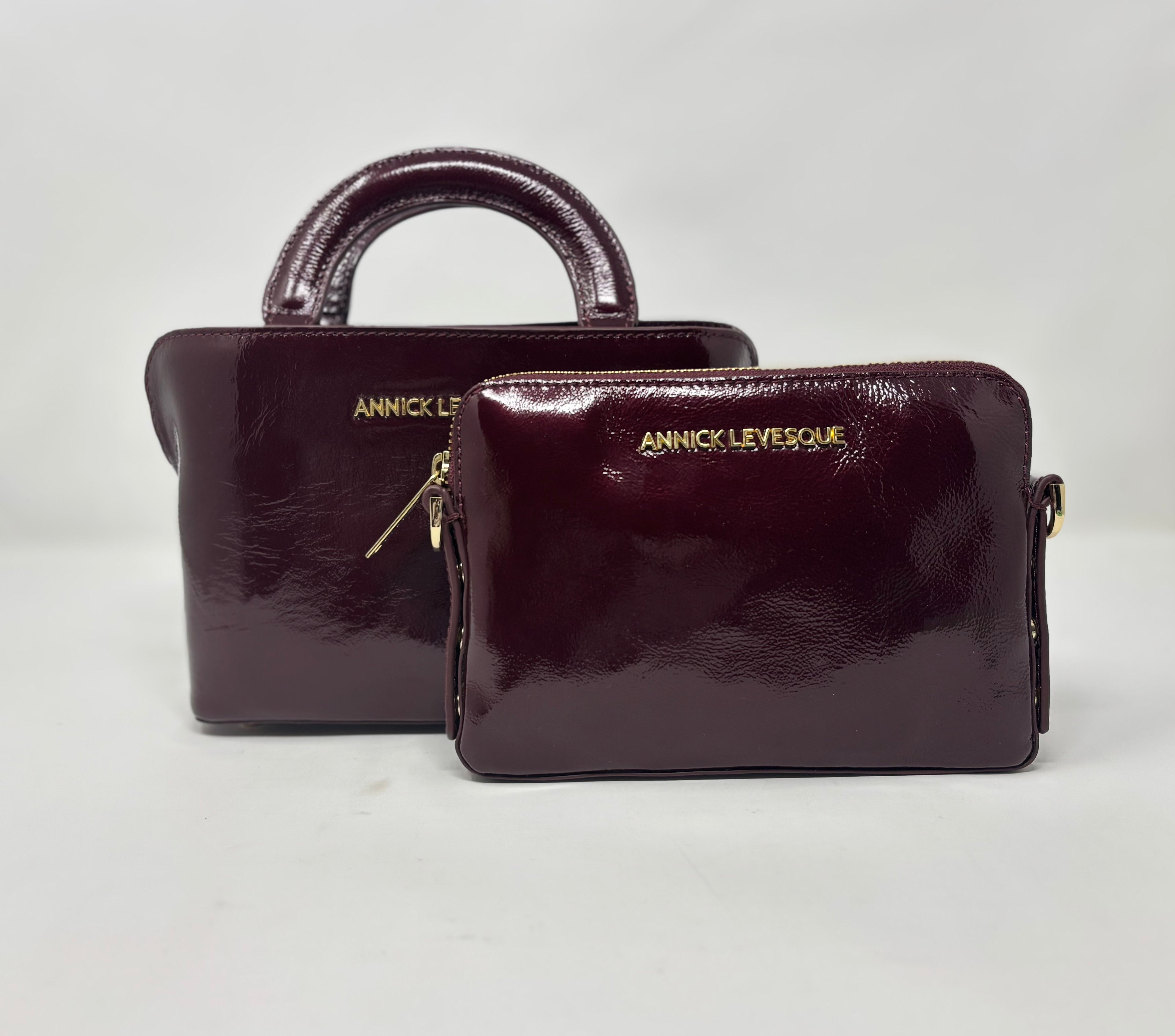 Sac à main en cuir, deux en un, rouge bordeaux vernis | Clarence