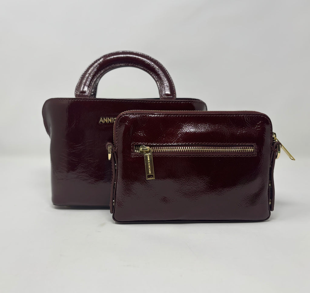 Sac à main en cuir, deux en un, rouge bordeaux vernis | Clarence