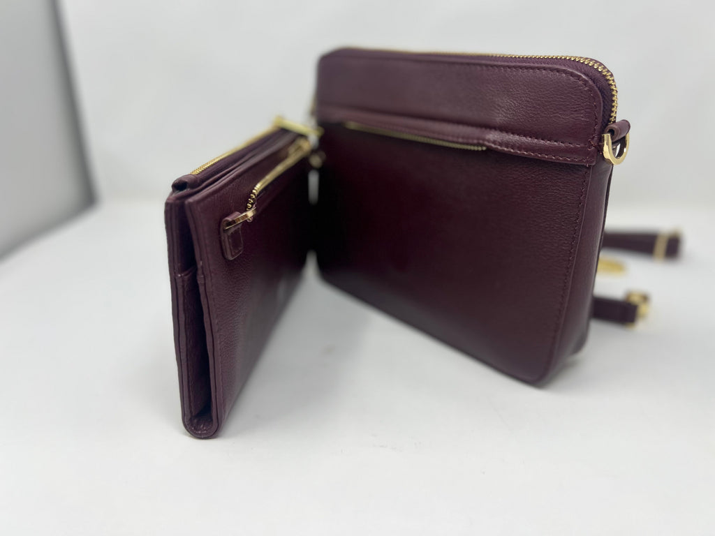 Petit Sac bandouillère avec porte carte détachable, aubergine | Kennedi