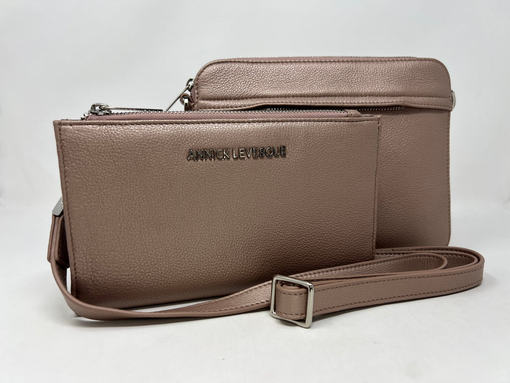 Petit Sac bandoulière avec porte-carte détachable rose platine | Kennedi