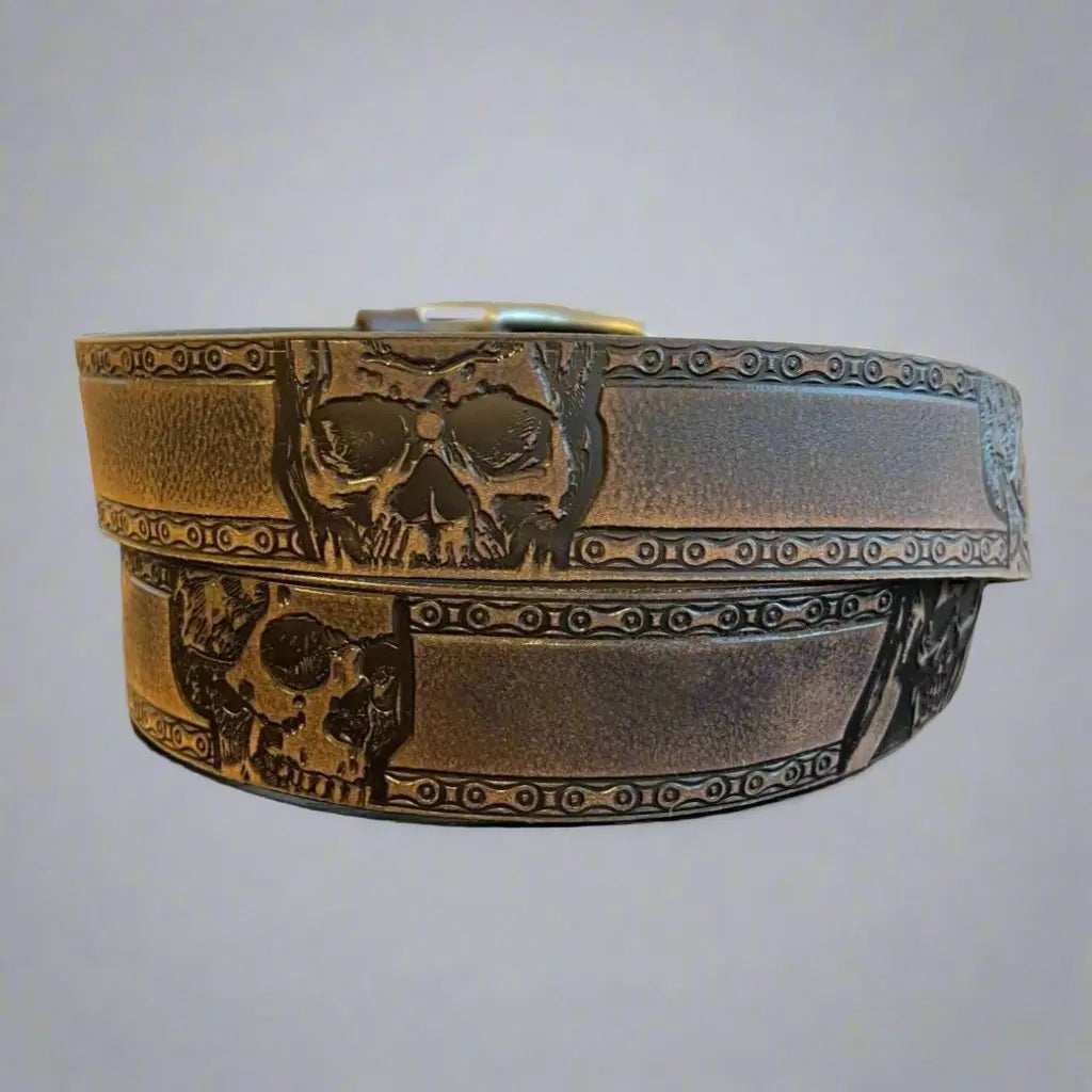 Keldon Men’s Full-Grain Leather Biker Belt. Skull Chain Embossed Design with Removable Buckle