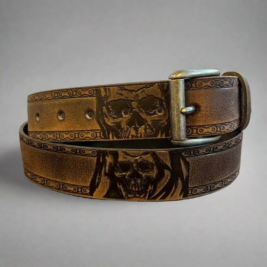 Keldon Men’s Full-Grain Leather Biker Belt. Skull Chain Embossed Design with Removable Buckle