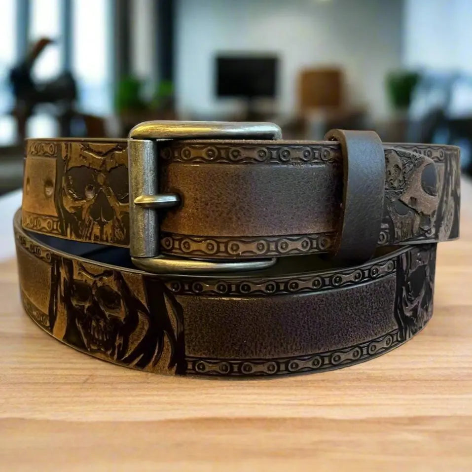 Keldon Men’s Full-Grain Leather Biker Belt. Skull Chain Embossed Design with Removable Buckle