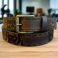 Keldon Men’s Full-Grain Leather Biker Belt. Skull Chain Embossed Design with Removable Buckle