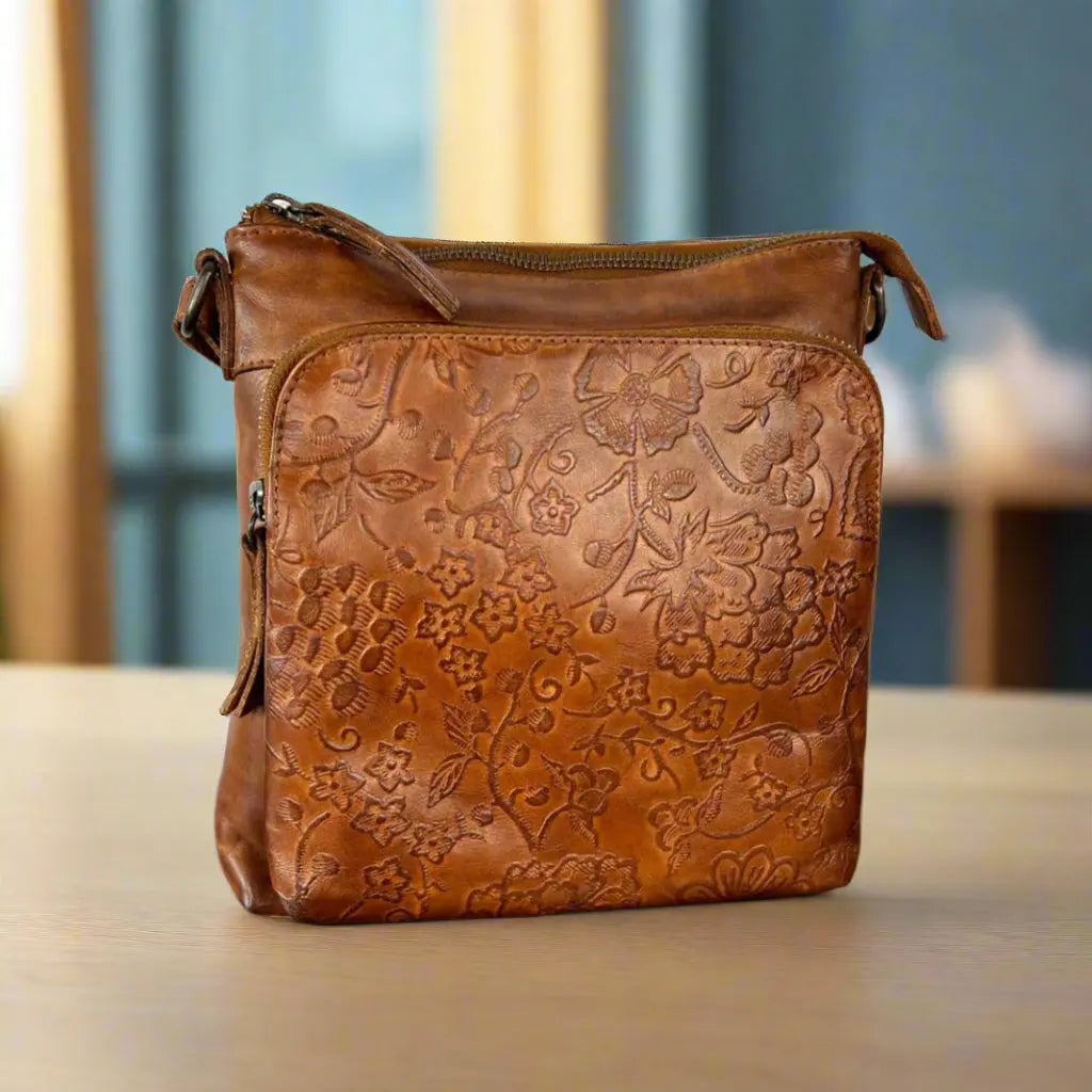 MET Women’s Genuine Leather Crossbody Bag. High-Quality Flower Embossed Floral Purse