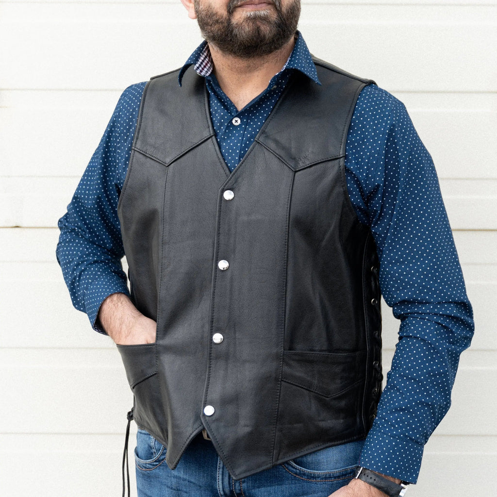 Men’s Buffalo Leather Biker Vest. Adjustable Side Lace Vest