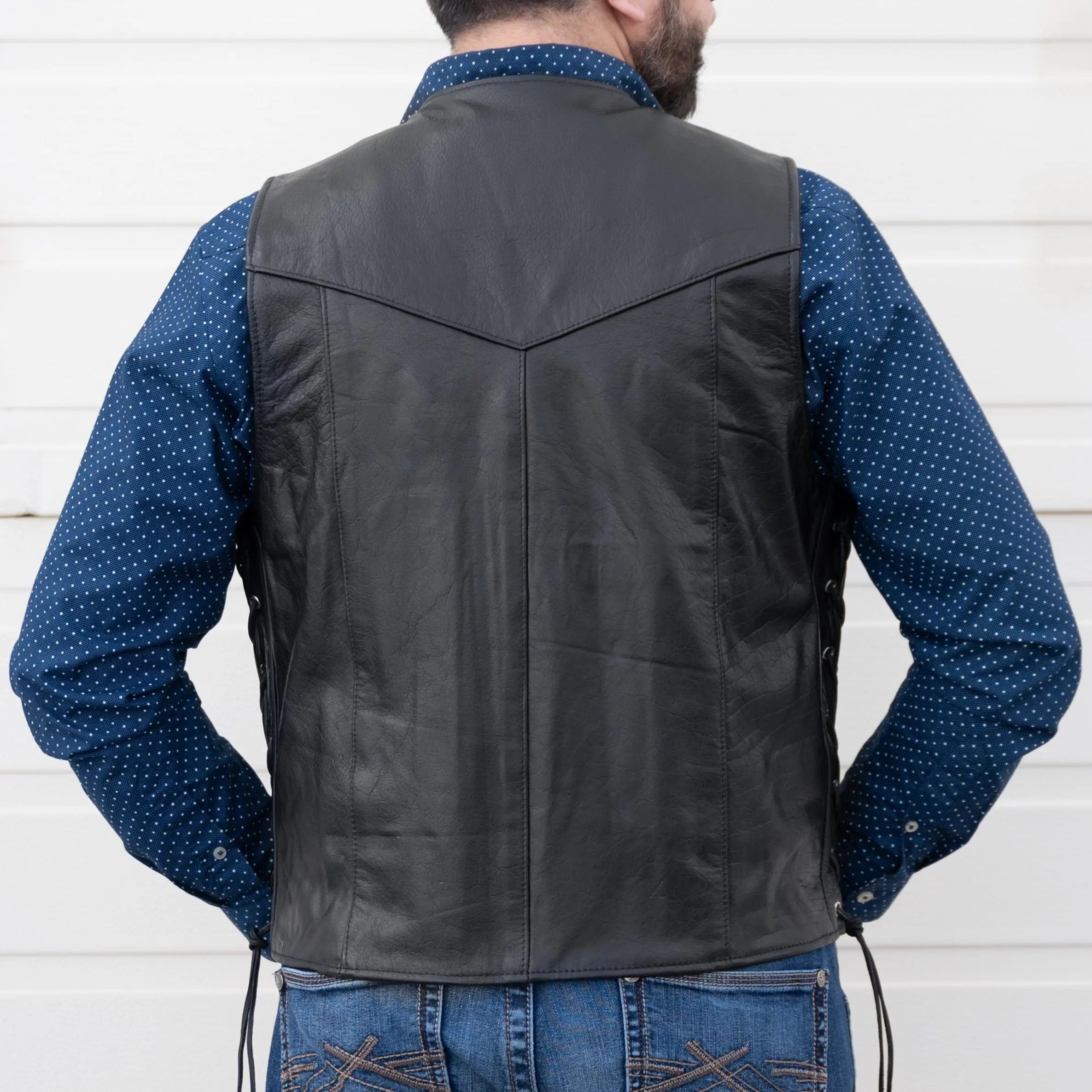Men’s Buffalo Leather Biker Vest. Adjustable Side Lace Vest