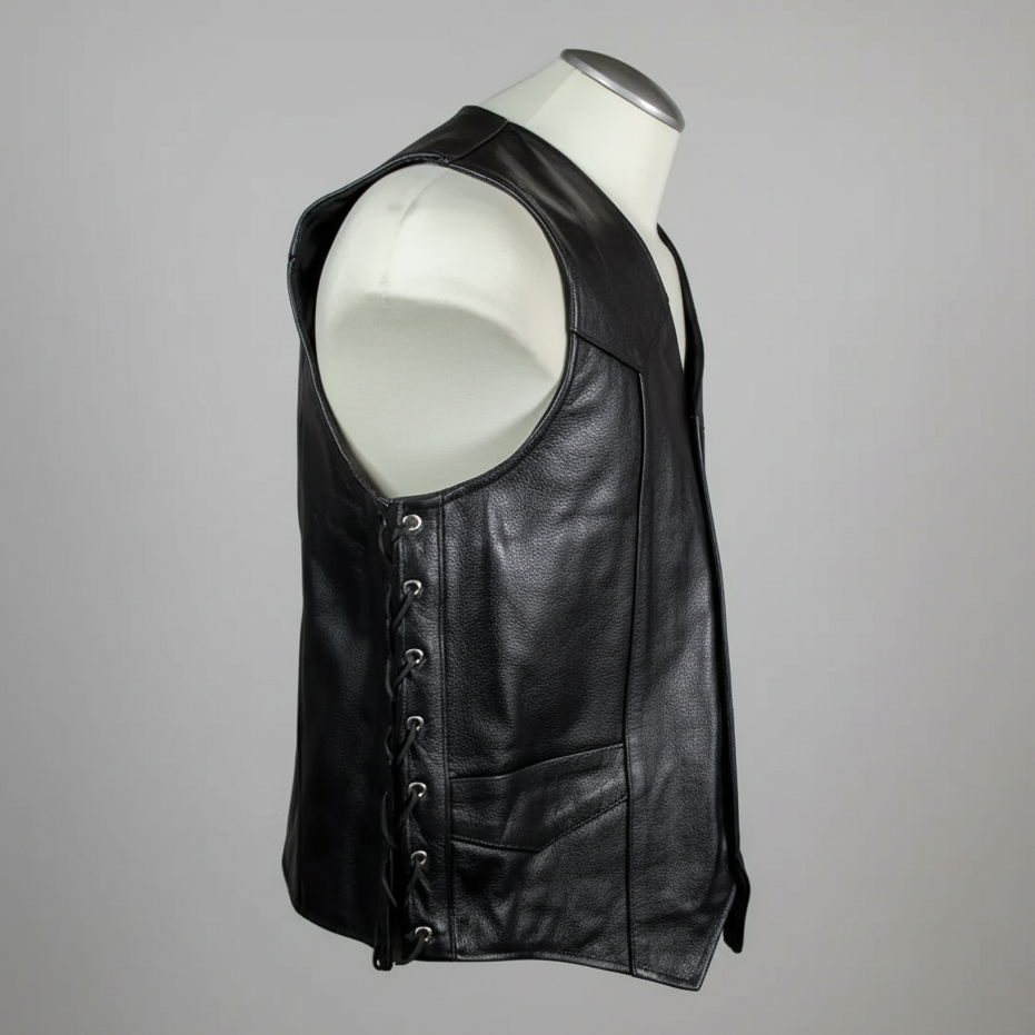Men’s Buffalo Leather Biker Vest. Adjustable Side Lace Vest