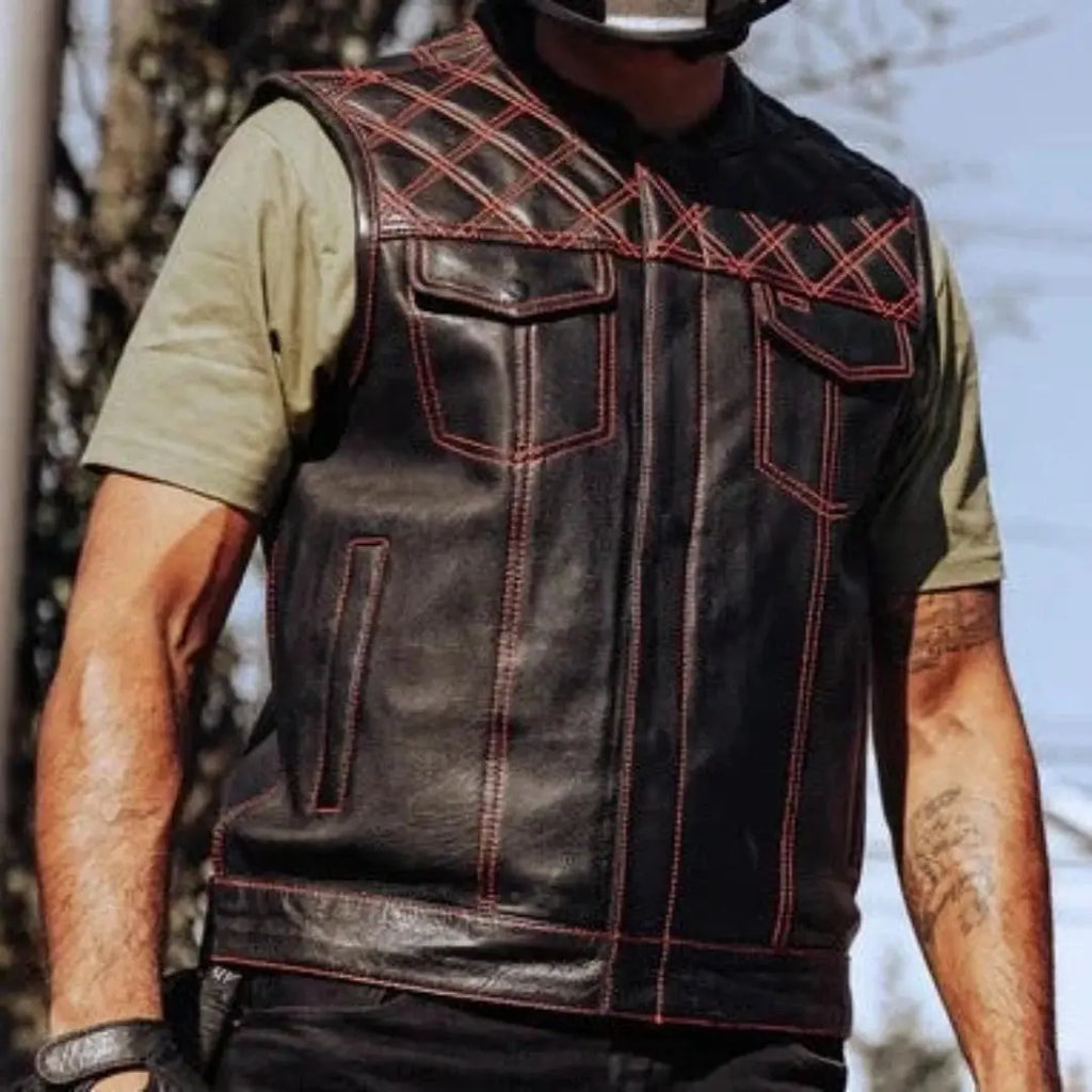 Open Road Men's Upside Leather with Red Stitched Diamonds Vest