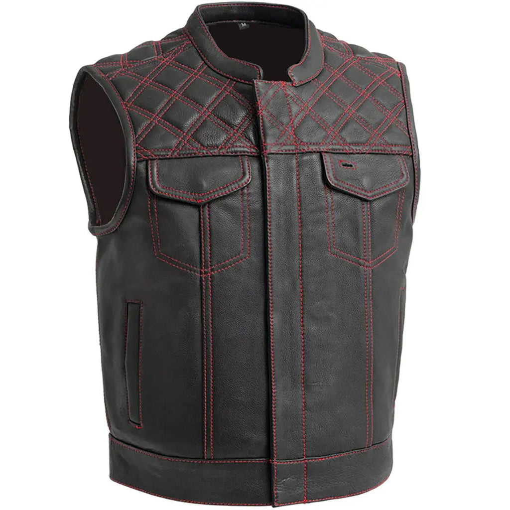 Open Road Men's Upside Leather with Red Stitched Diamonds Vest