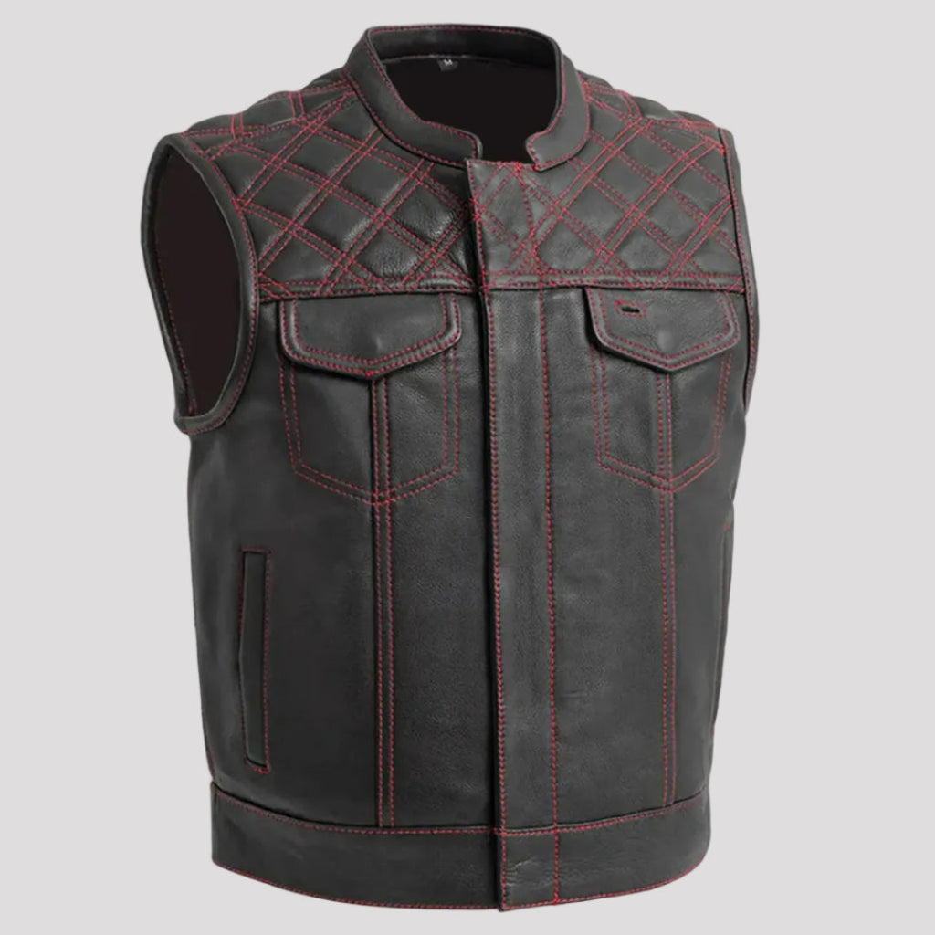 Open Road Men's Upside Leather with Red Stitched Diamonds Vest