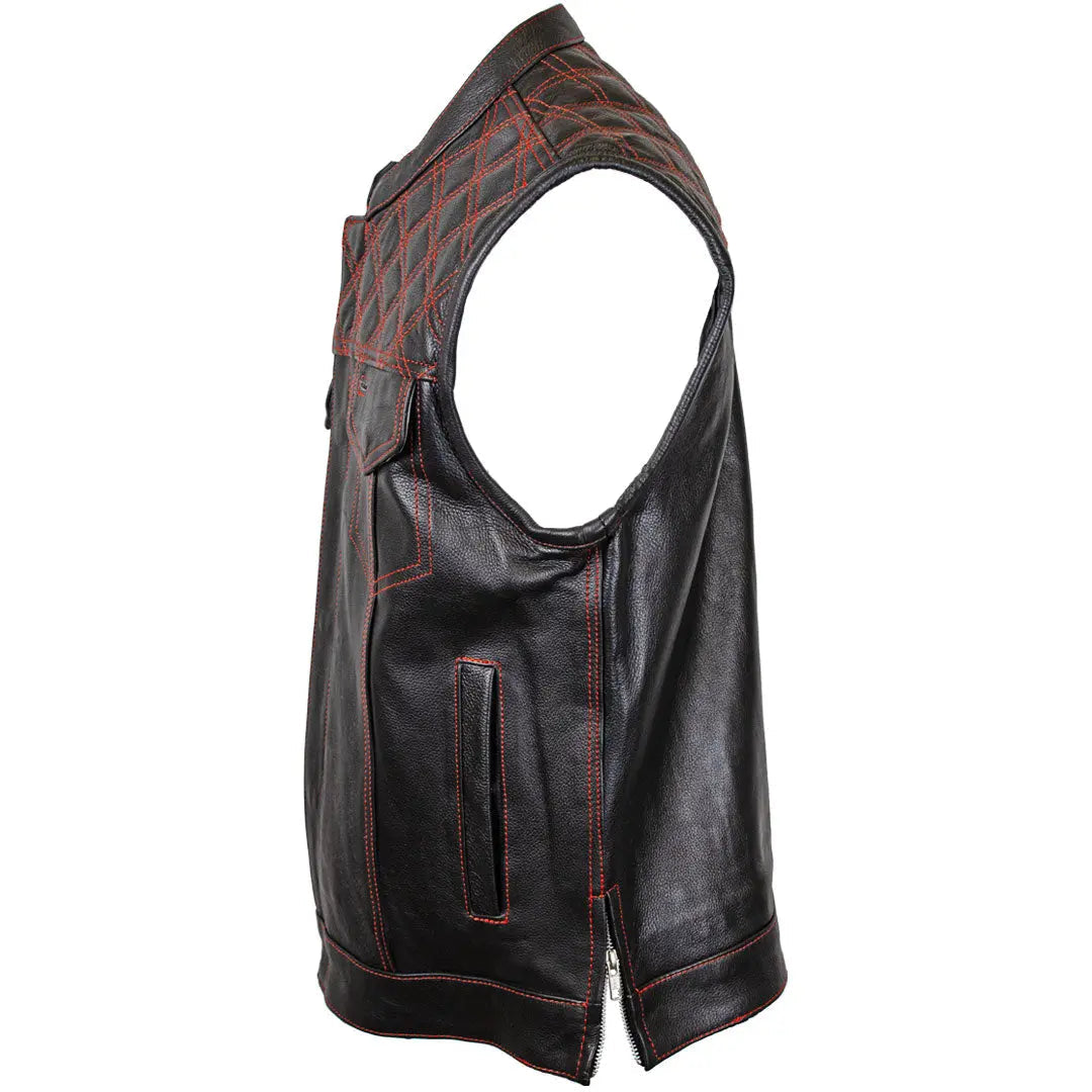 Open Road Men's Upside Leather with Red Stitched Diamonds Vest