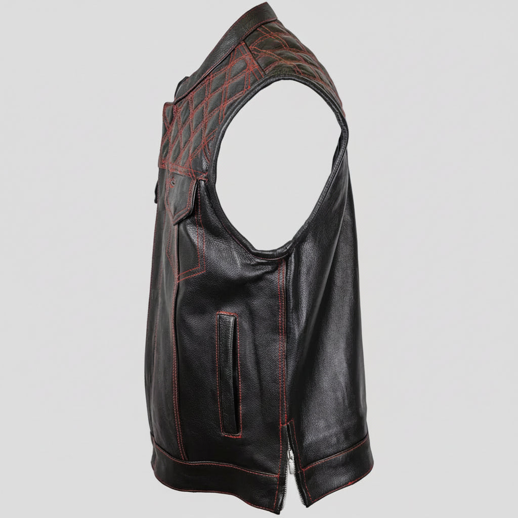 Open Road Men's Upside Leather with Red Stitched Diamonds Vest