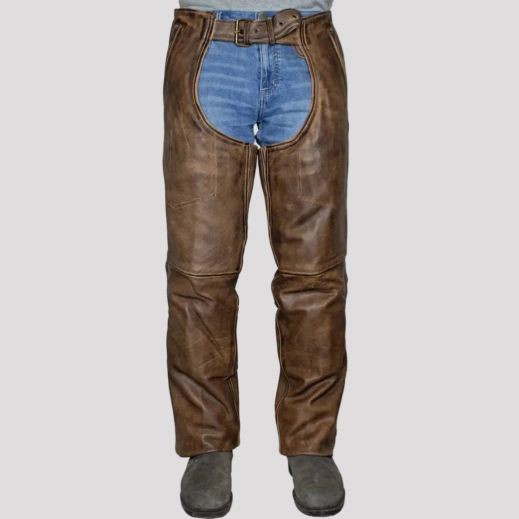 Open Road Men's Vintage Brown 4 Pocket Premium Leather Chaps
