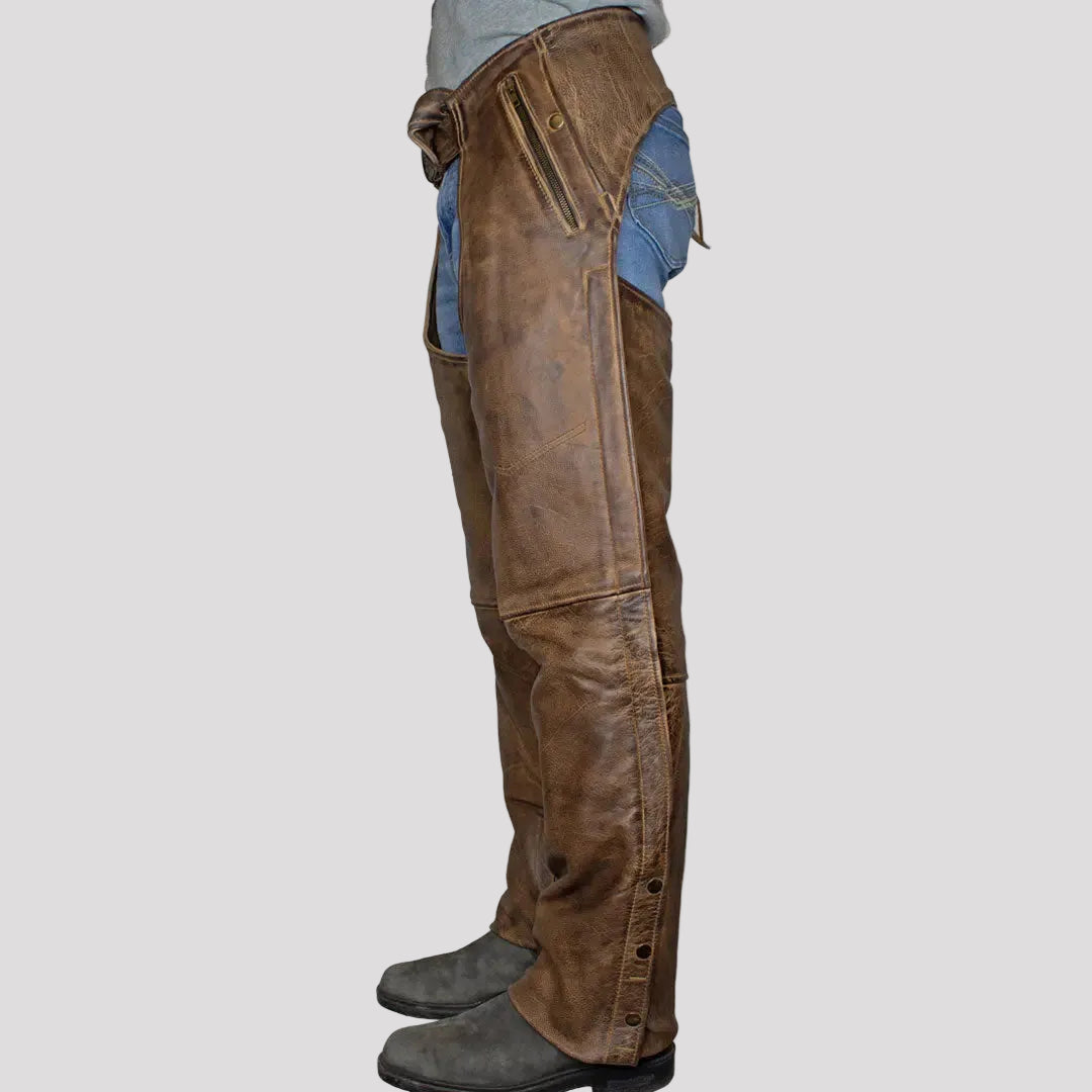 Open Road Men's Vintage Brown 4 Pocket Premium Leather Chaps