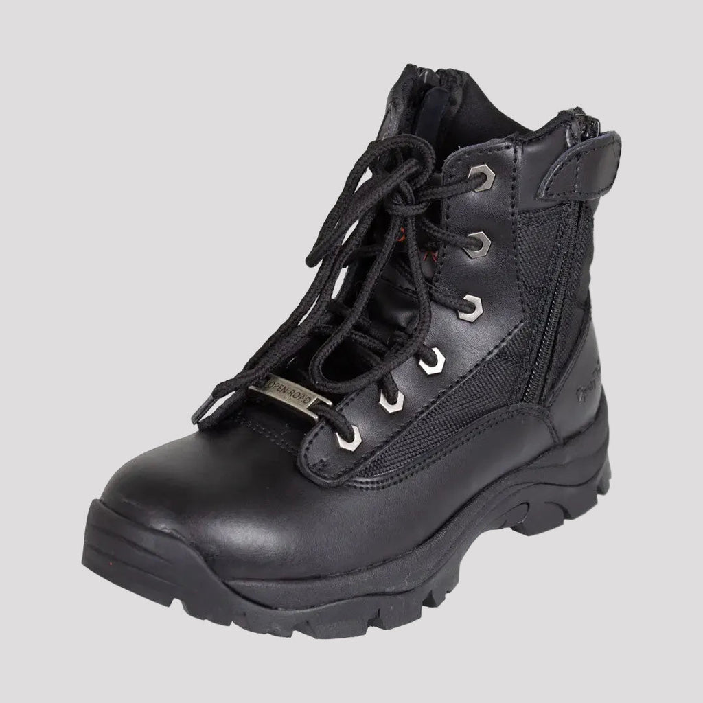 Open Road Women's Black Leather Tactical Lace-Up Boots with Side Zippers Entry