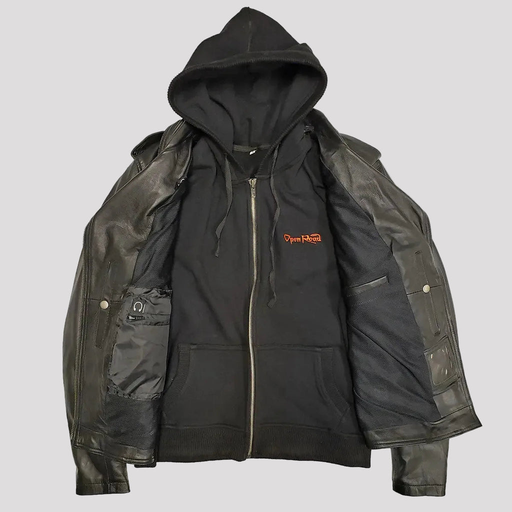 Open Road Women's Hooded Classic Leather Motorcycle Jacket