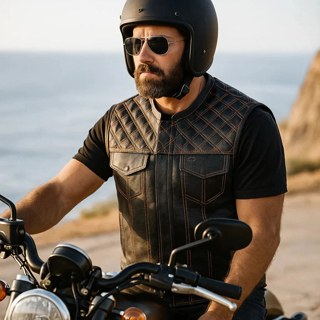 Open Road Men's Upside Leather with Orange Stitched Diamonds Vest