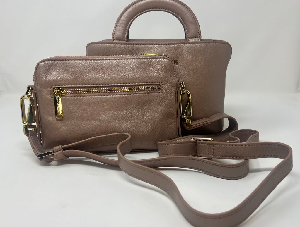 Sac à main en cuir Clarence , deux en un, Rose platine