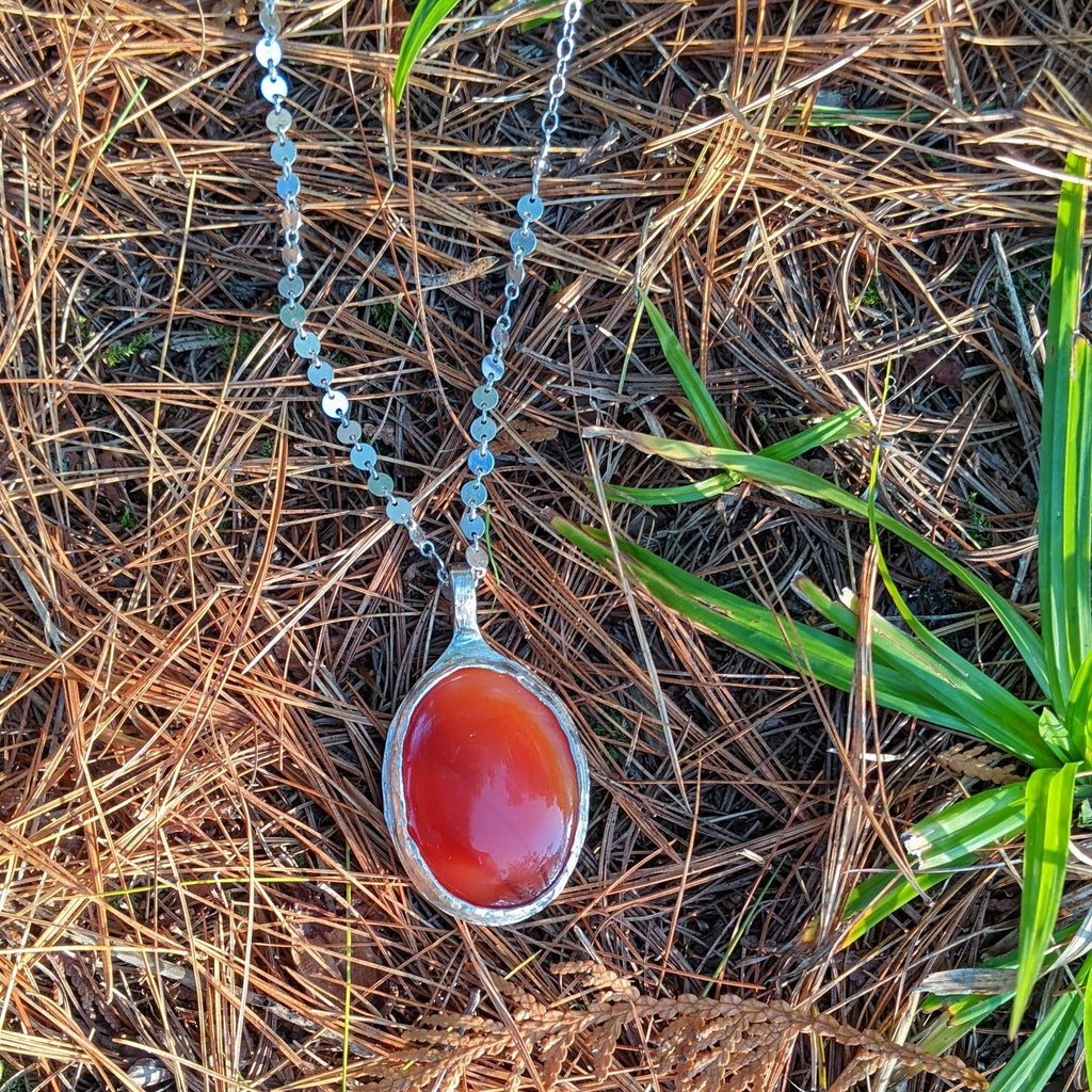 Carnelian Necklace in Sterling Silver — Large OOAK Statement Pendant — 16–18” Adjustable Chain — Echoes of the Lake Collection