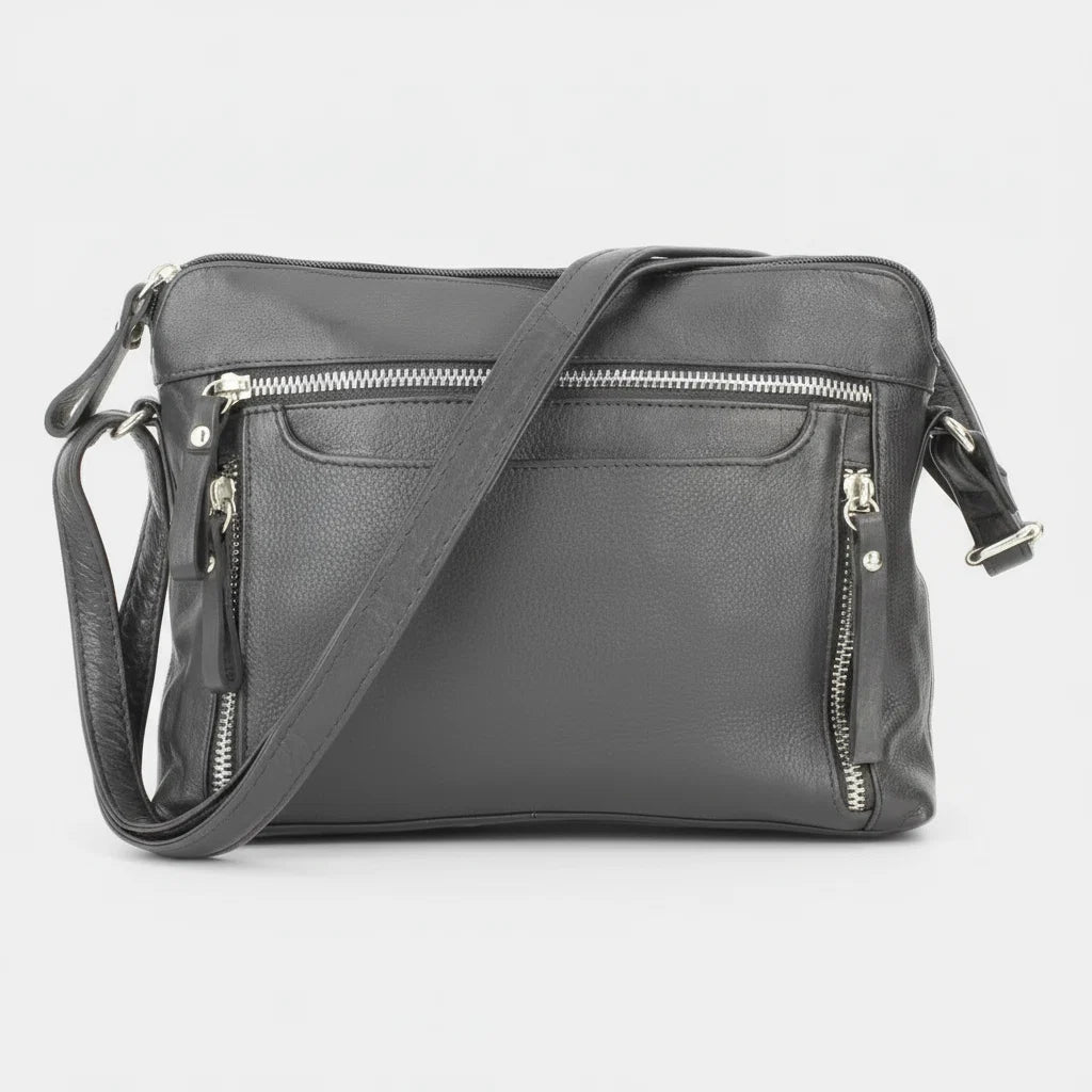 Leather Crossbody Slim Bag with Zippered Pockets & Adjustable Strap