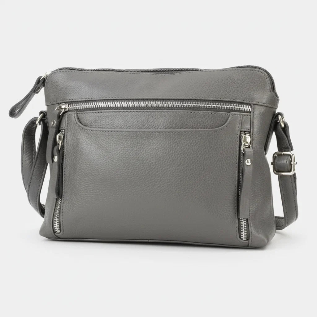 Leather Crossbody Slim Bag with Zippered Pockets & Adjustable Strap