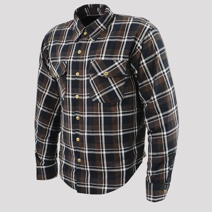 Milwaukee Leather Men's Brown Checkered Armored Flannel Biker Shirt with Reinforced Fibers