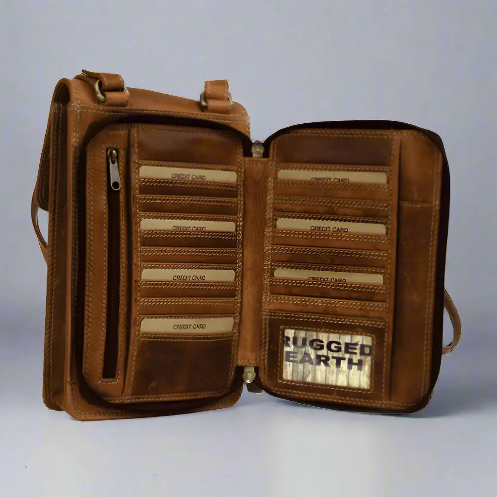 Rugged Earth Leather Organizer Crossbody Bag