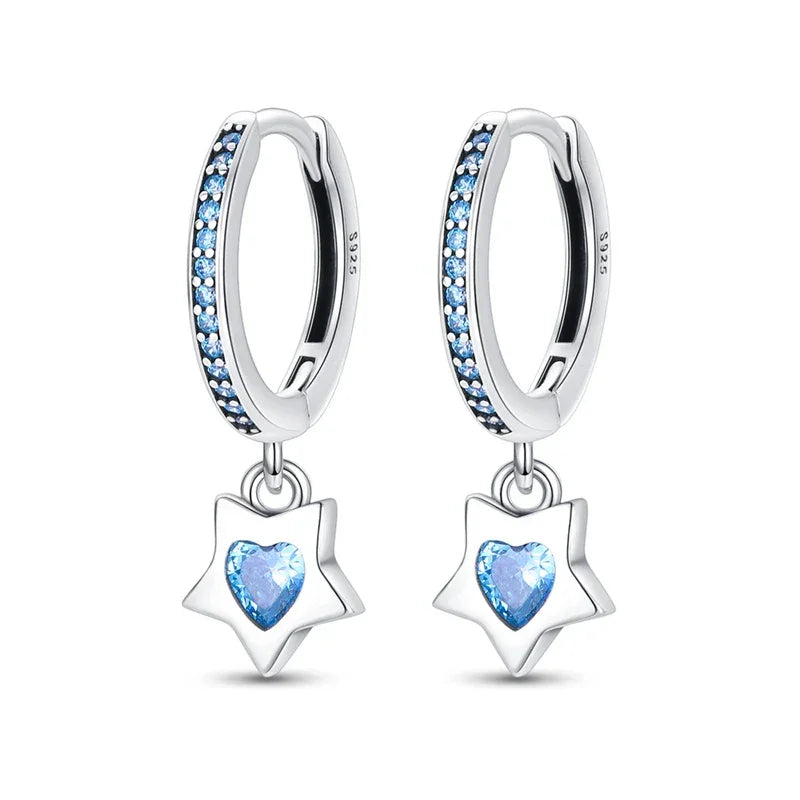 Celestial Charm Sterling Silver Hoop Earrings With Blue Star And Heart