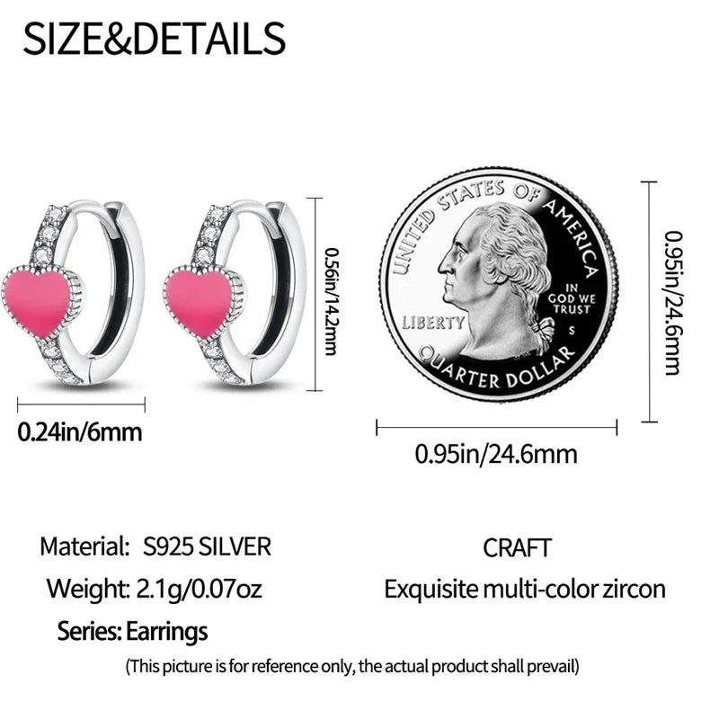 Romantic Pink Heart Sterling Silver Huggie Hoop Earrings With Cubic Zirconia