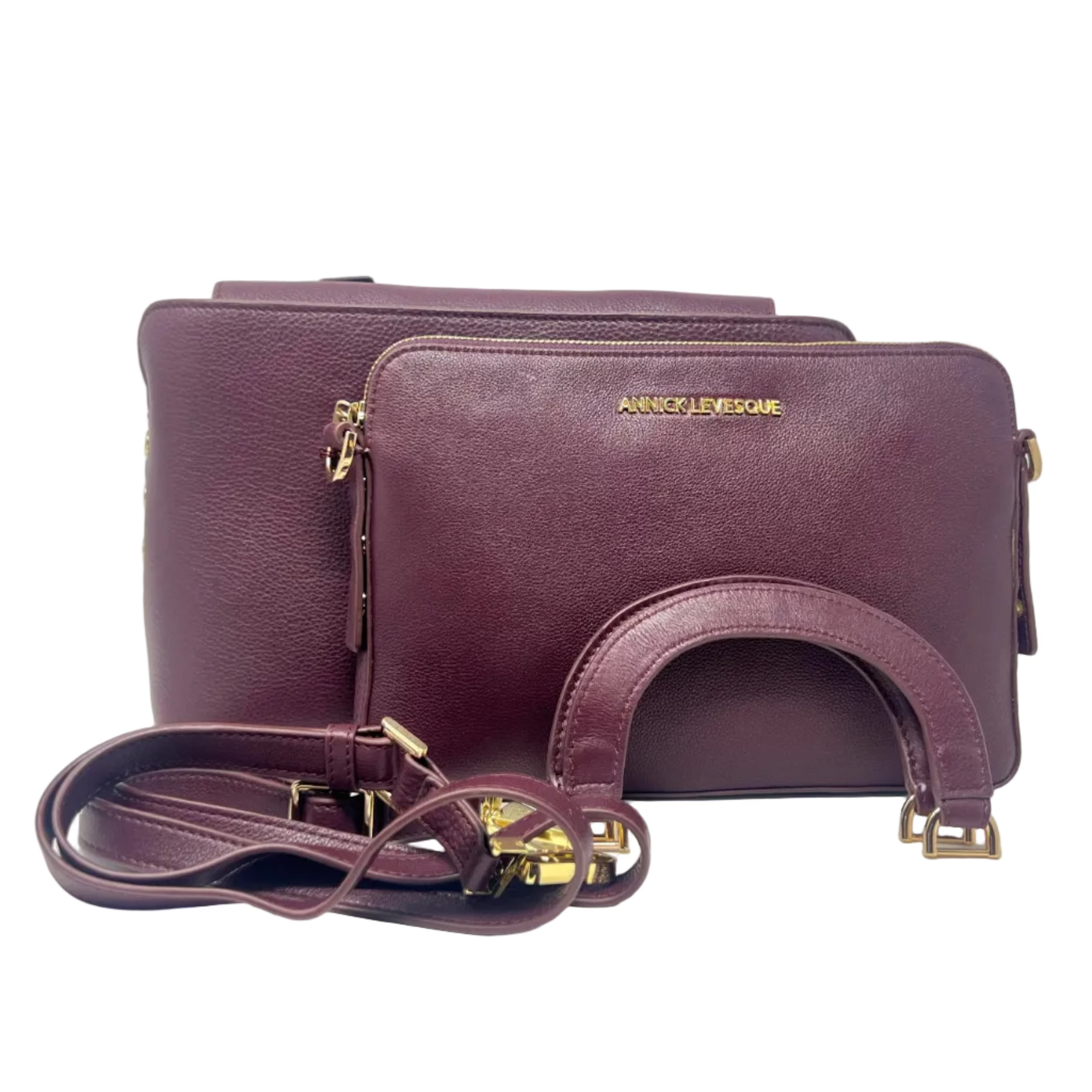 Sac à main en cuir, deux en un, Aubergine, Clarence Moyen