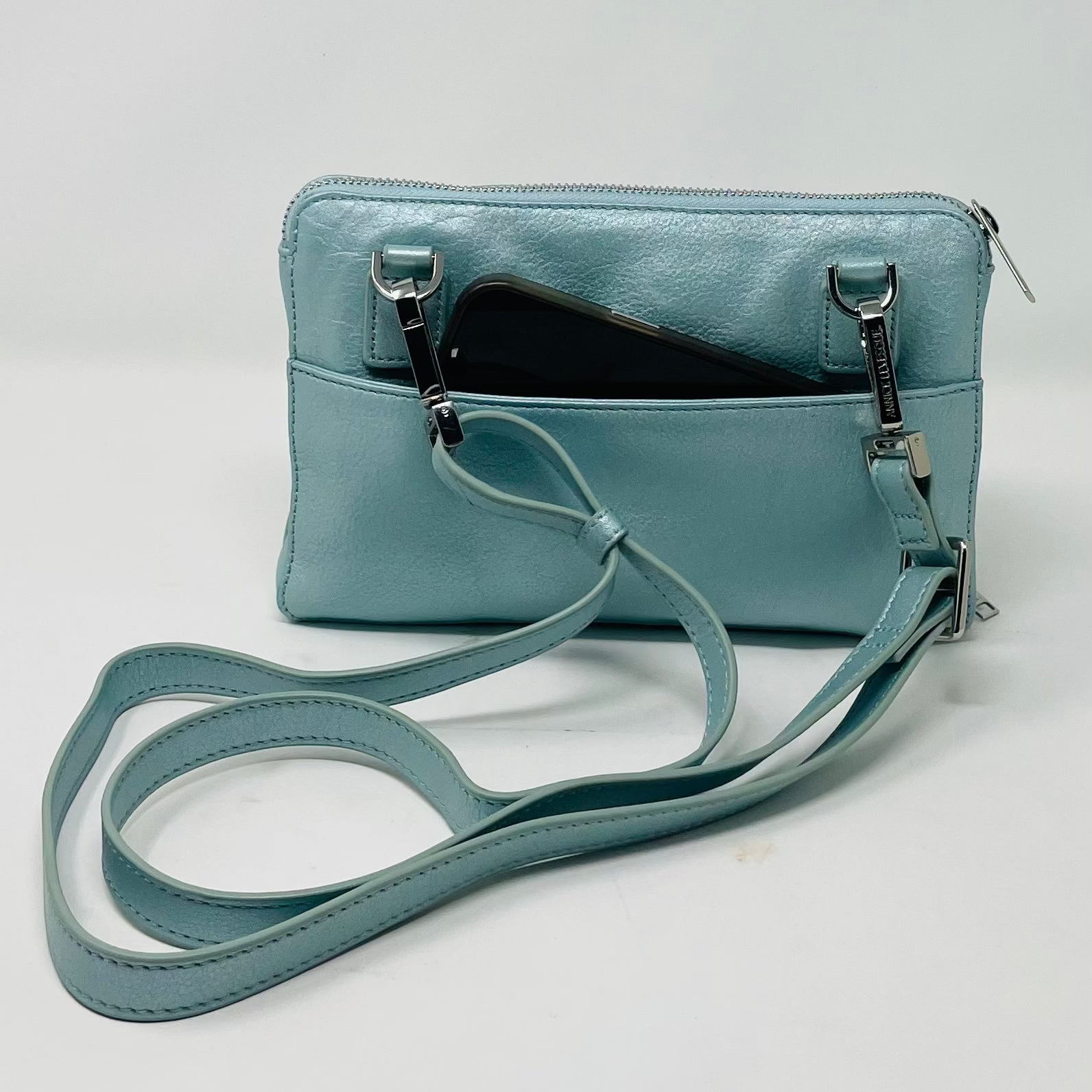 Petit sac à main-portefeuille en Cuir Véritable Bleu céleste, Carmen