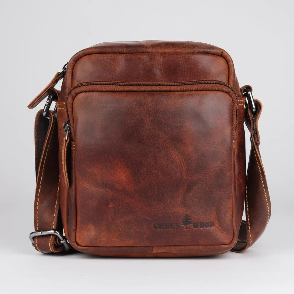 Greenwood Leather Mini-Messenger Bag. Premium Compact Crossbody Travel Organizer