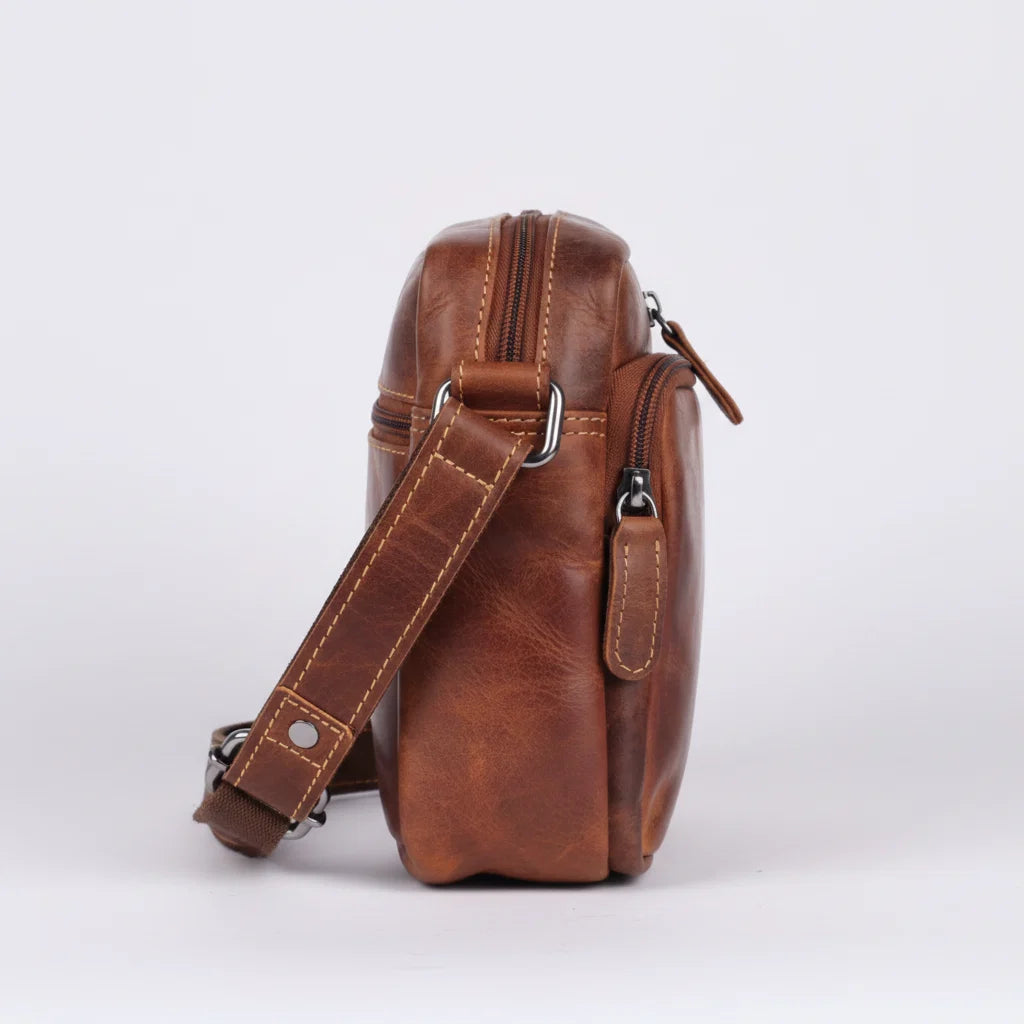 Greenwood Leather Mini-Messenger Bag. Premium Compact Crossbody Travel Organizer