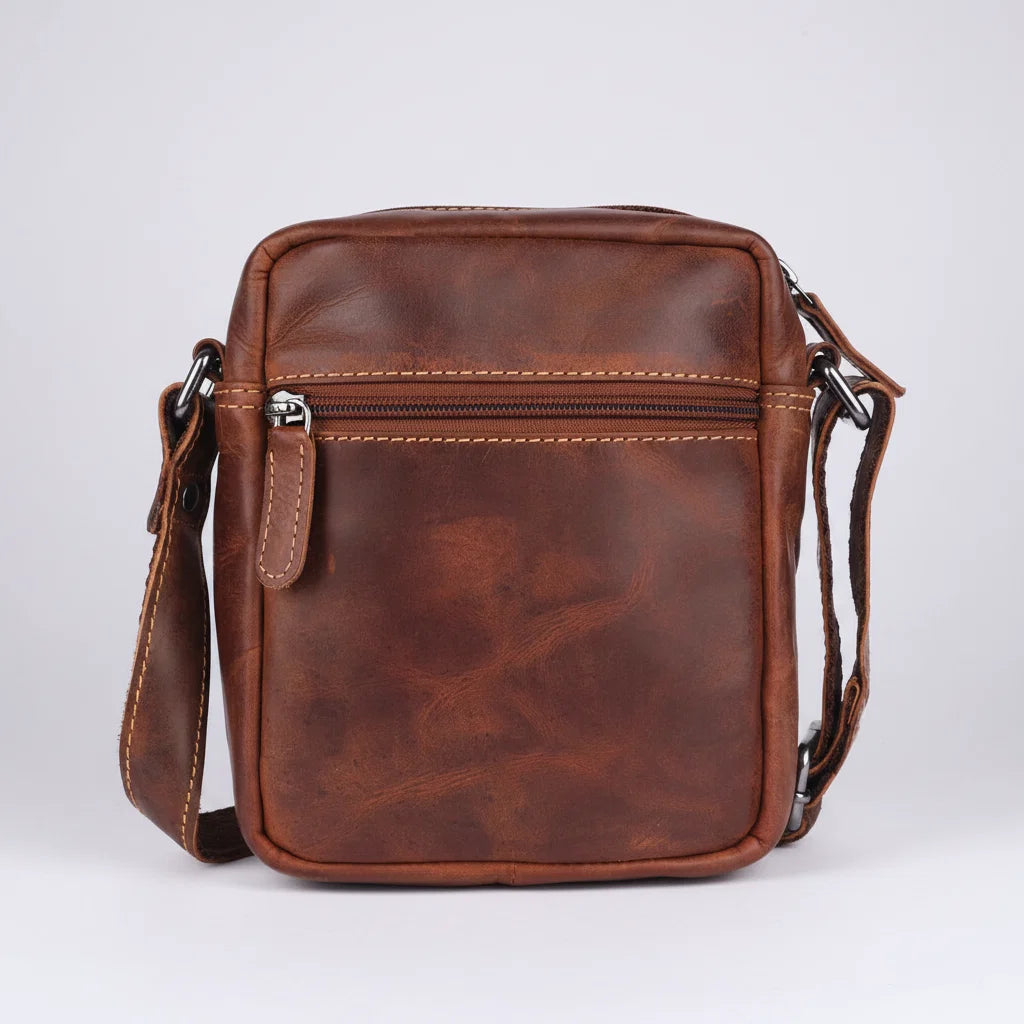 Greenwood Leather Mini-Messenger Bag. Premium Compact Crossbody Travel Organizer