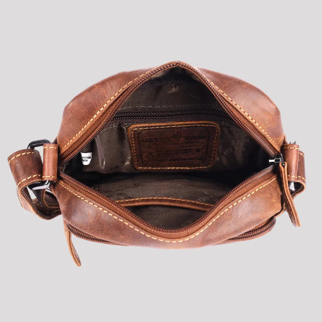 Greenwood Leather Mini-Messenger Bag. Premium Compact Crossbody Travel Organizer
