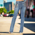 Women's Rhinestone Embellished Bootcut Jeans with Angel Wing Cross Back Pocket & Sequined Detail