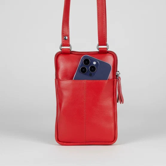 Greenwood Leather Compact Mini Crossbody. Slim Full-Grain Leather Phone Bag & Travel Organizer