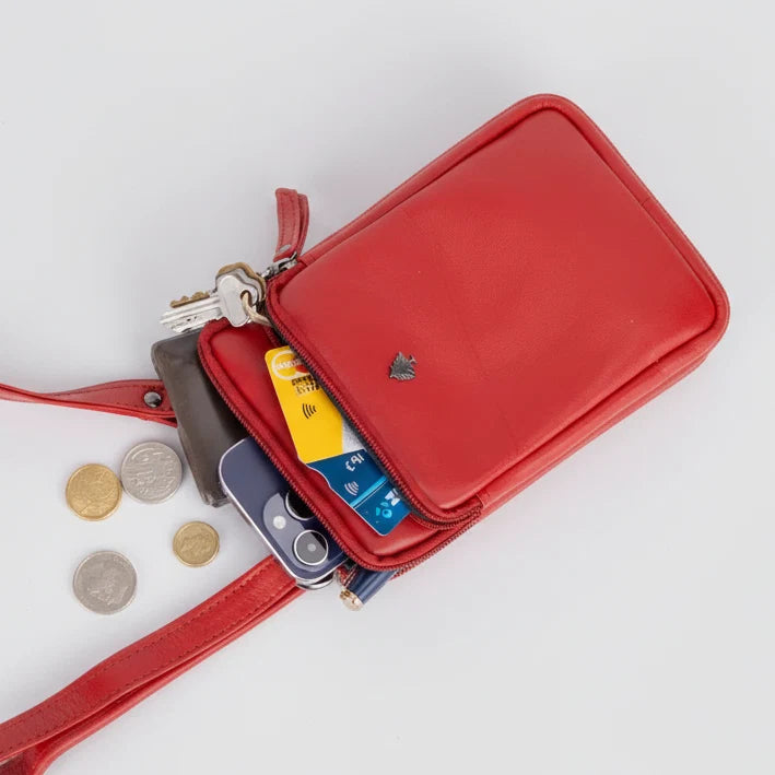 Greenwood Leather Compact Mini Crossbody. Slim Full-Grain Leather Phone Bag & Travel Organizer