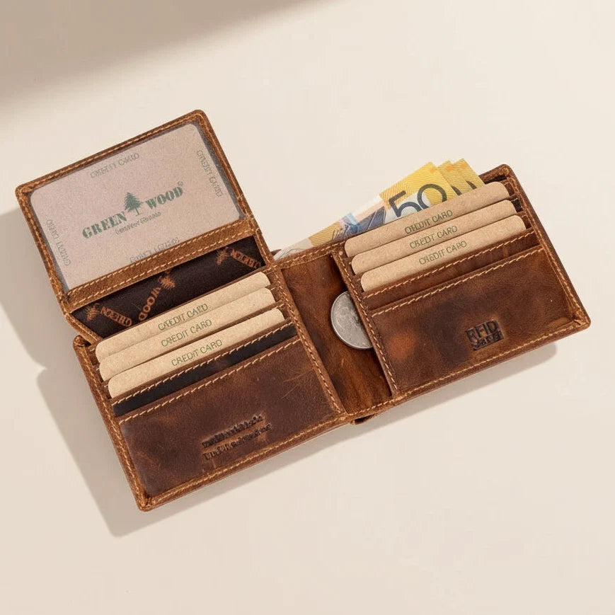 Greenwood Men's Leather Bifold Wallet. Premium RFID Protection Wallet with Flip Compartment