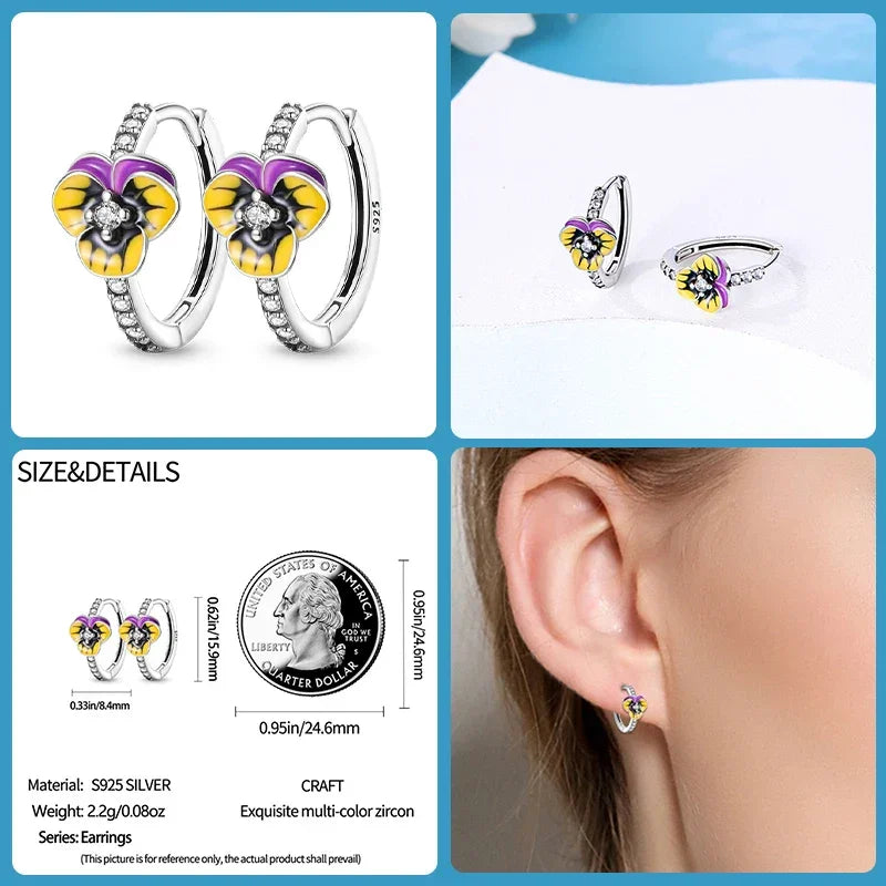 Elegant Pansy Flower Sterling Silver Hoop Earrings With Cubic Zirconia