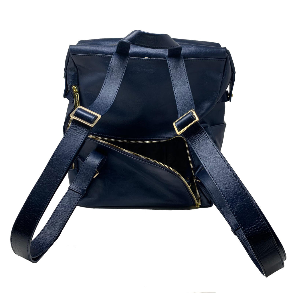 Grand Sac à dos en Cuir Véritable Bleu Marine, Léanne