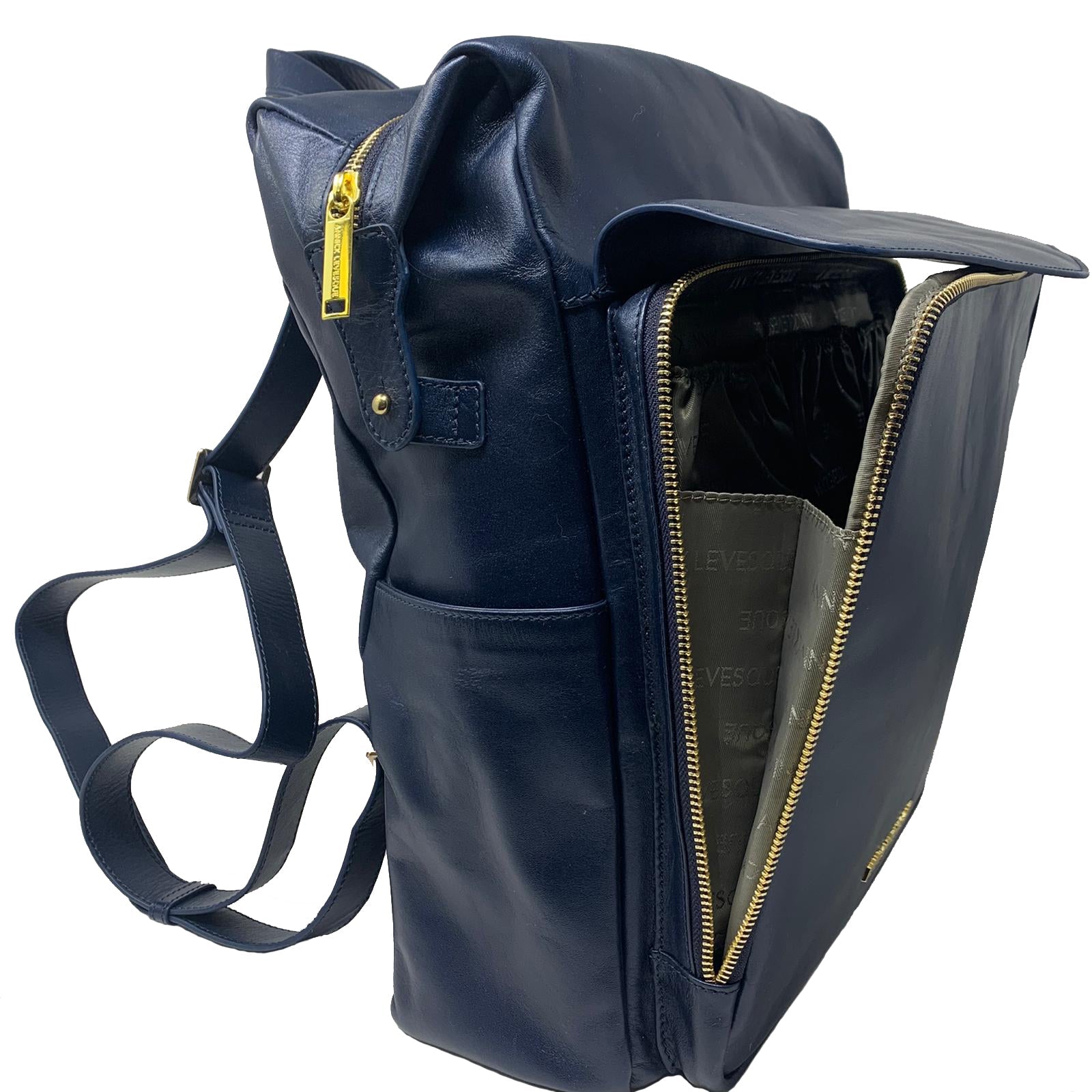 Grand Sac à dos en Cuir Véritable Bleu Marine, Léanne